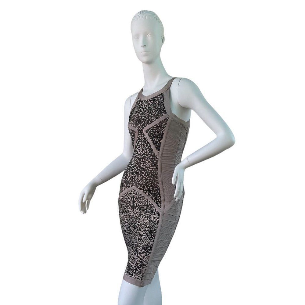 Musani Gold Couture Bandage Cocktail Stretch Dress Tan & Black $545 Size 6